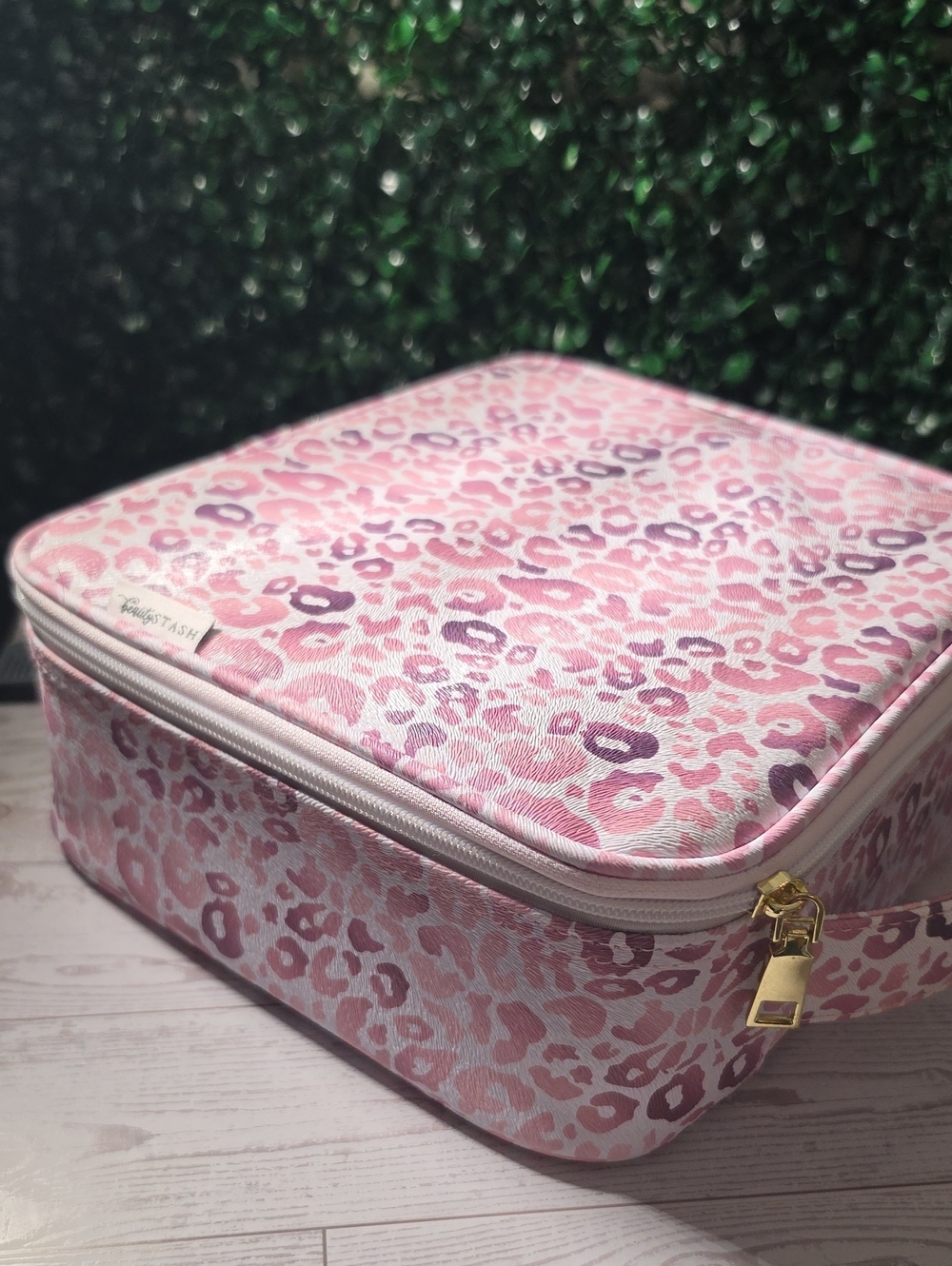Pink Leopard Print Cosmetic Travel Case with Gold Zipper
